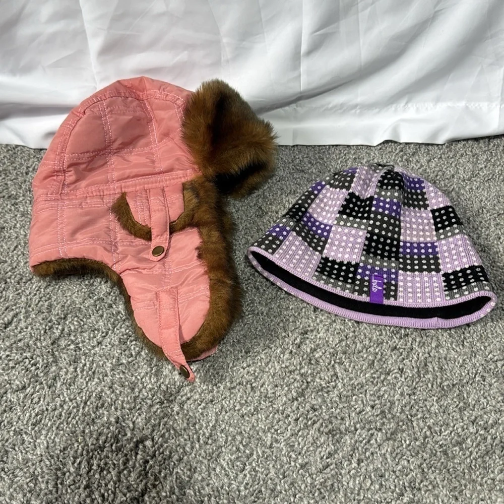 Mossimo Supply Co Pink W Fur & Bula Purple and Black Beanie Hat Youth OSFM